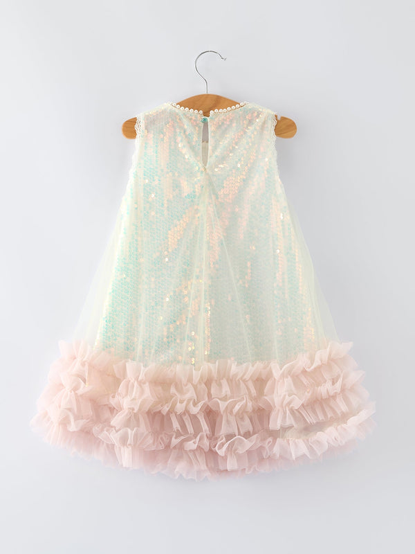 Rylee Faith Designs iridescent sequin girls dress with pale pink ruffle hem, sleeveless, toddler size