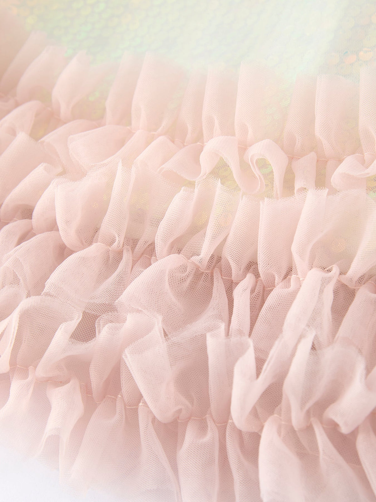 Rylee Faith Designs girls iridescent sequin dress with pink ruffle detail for kids