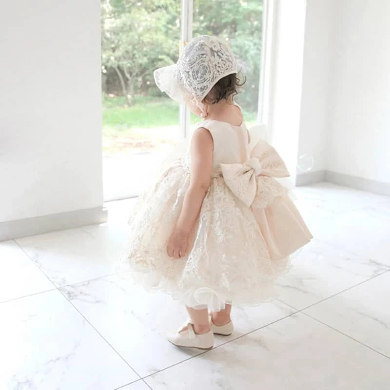 Champagne Tulle Baby Dress with Lace & Pearl Detail - The Palm Beach Baby
