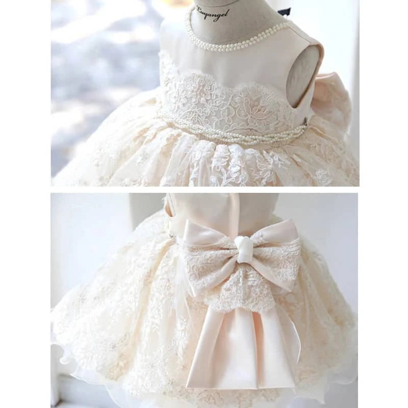 Champagne Tulle Baby Dress with Lace & Pearl Detail - The Palm Beach Baby