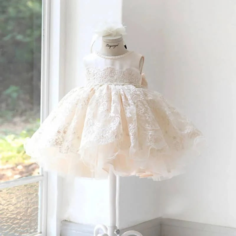 Champagne Tulle Baby Dress with Lace & Pearl Detail - The Palm Beach Baby