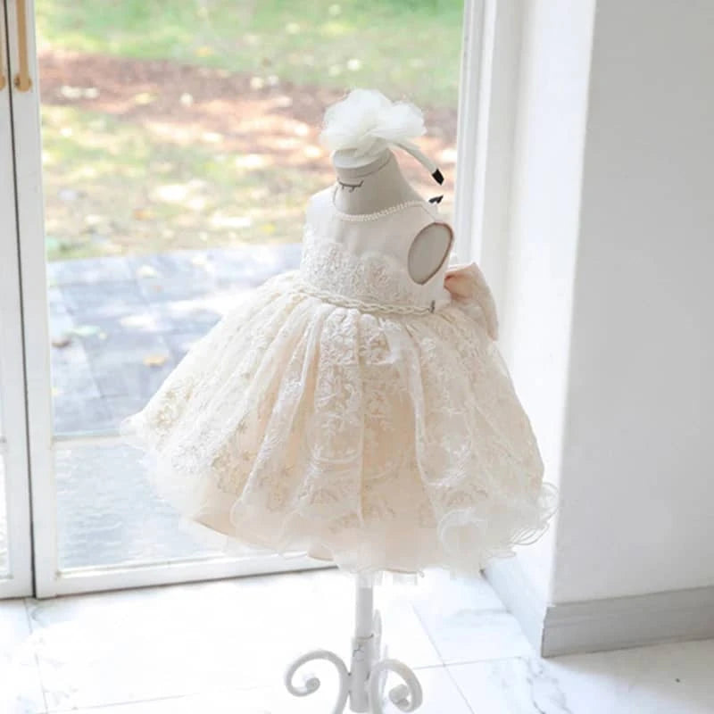 Champagne Tulle Baby Dress with Lace & Pearl Detail - The Palm Beach Baby