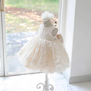 Champagne Tulle Baby Dress with Lace & Pearl Detail - The Palm Beach Baby
