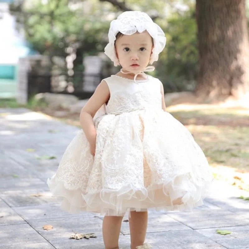 Champagne Tulle Baby Dress with Lace & Pearl Detail - The Palm Beach Baby