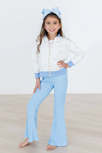 Girls white satin jacket for girls with light blue cuffs and zipper, floral print, long sleeve