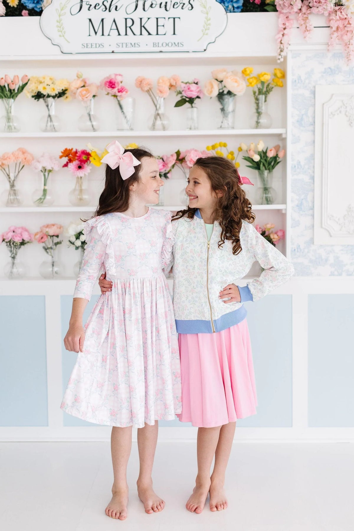 Girls light blue satin jacket for girls with floral pattern and pink skirt, long sleeve