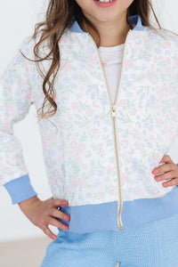 girls white floral satin jacket for girls with blue cuffs and collar, zip front closure