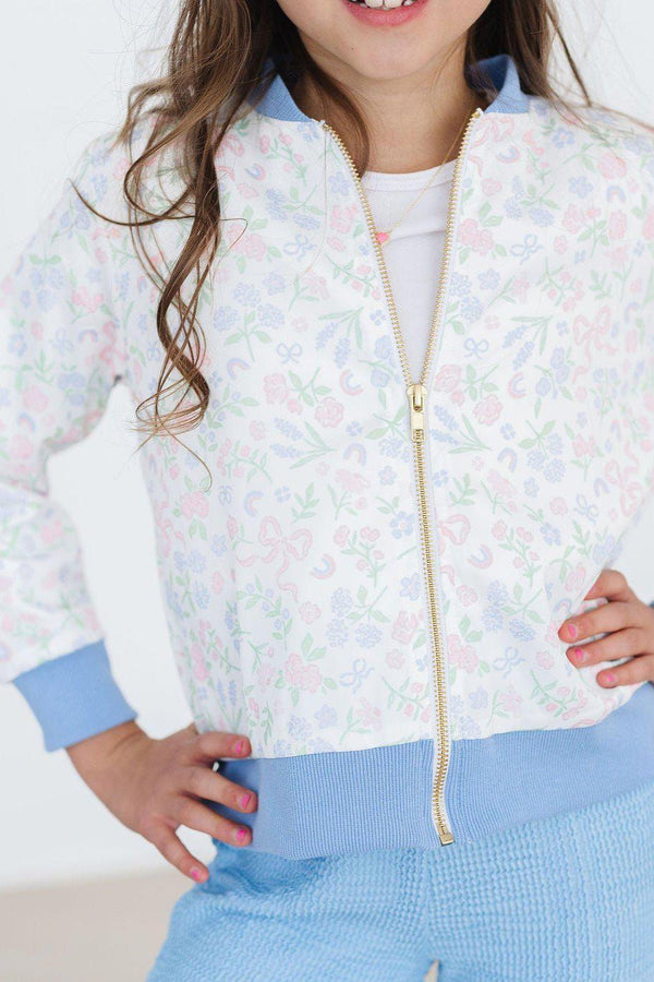 girls white floral satin jacket for girls with blue cuffs and collar, zip front closure