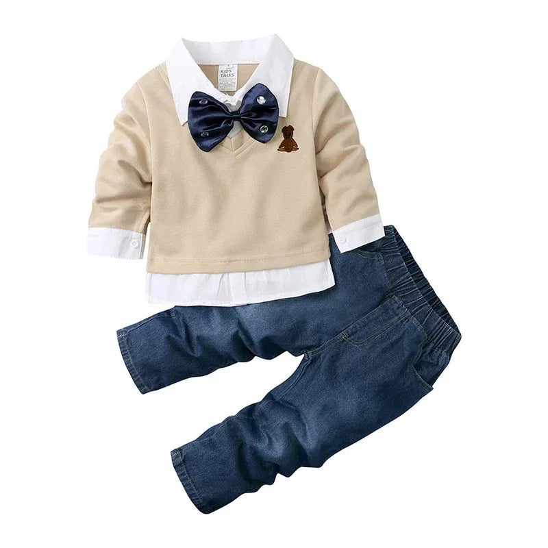 Baby boys beige long sleeve shirt with navy bow tie and blue jean outfit pants