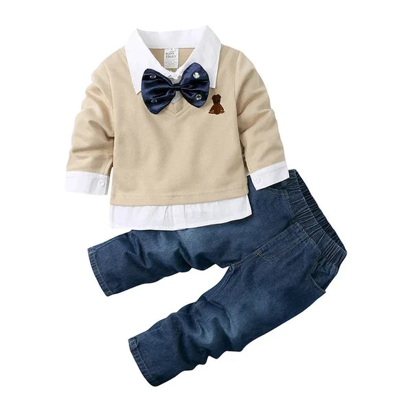 Baby boys beige long sleeve shirt with navy bow tie and blue jean outfit pants
