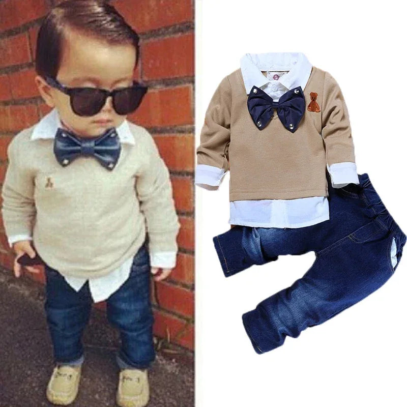 Toddler boys beige sweater jean outfit with white shirt and navy bow tie age 12 to 24 months