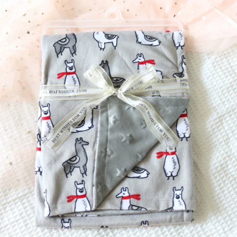 Gray cozy fleece baby blanket with llama print and textured stars for infants and toddlers