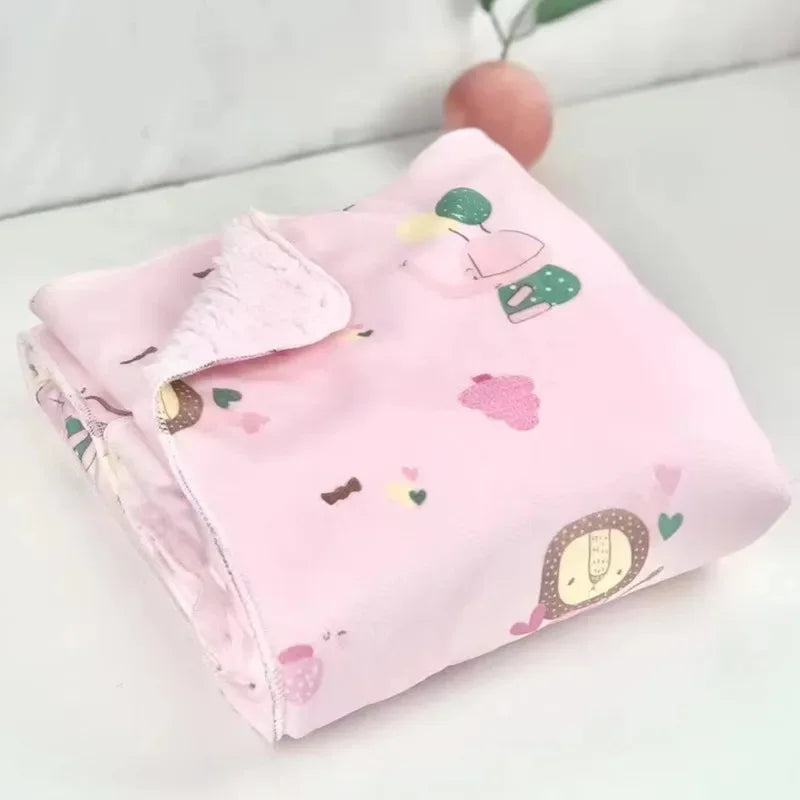 Pink cozy fleece baby blanket with cartoon animal prints for infants and toddlers