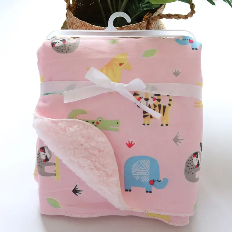 Pink cozy fleece baby blanket with animal prints for babies and kids soft and warm