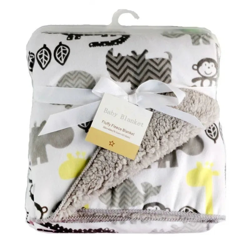 cozy fleece baby blanket with gray sherpa lining and animal prints for newborns and infants