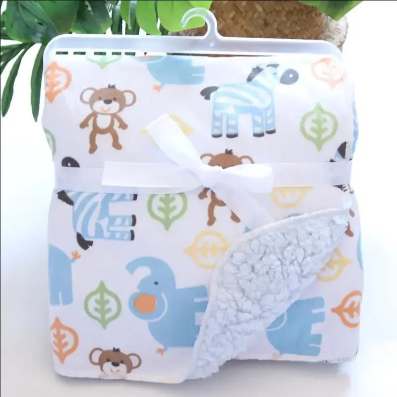 cozy fleece baby blanket with animal print in blue and brown for babies and kids