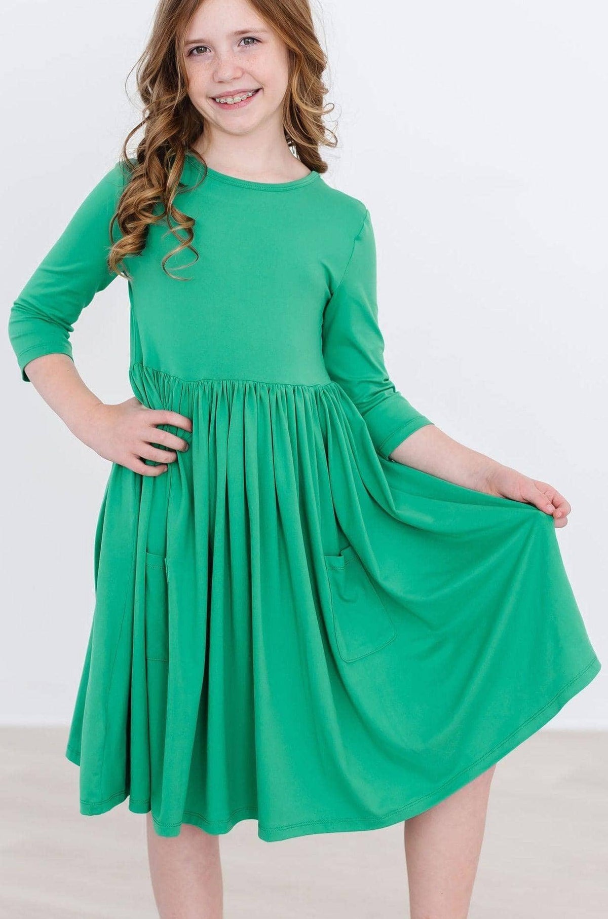 Kelly Green Twirl Dress for Kids 3/4 Sleeve - The Palm Beach Baby