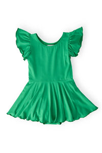 kelly green twirl leotard for kids with flutter sleeves and a flared skirt