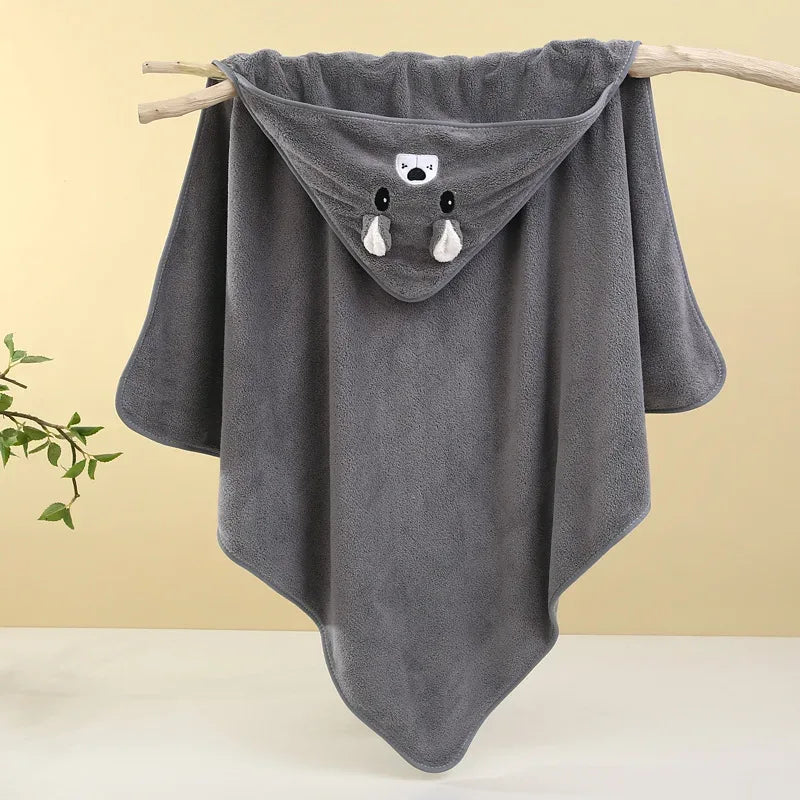 gray baby hooded bath towel with bear face and ears, soft and cozy for infants and toddlers