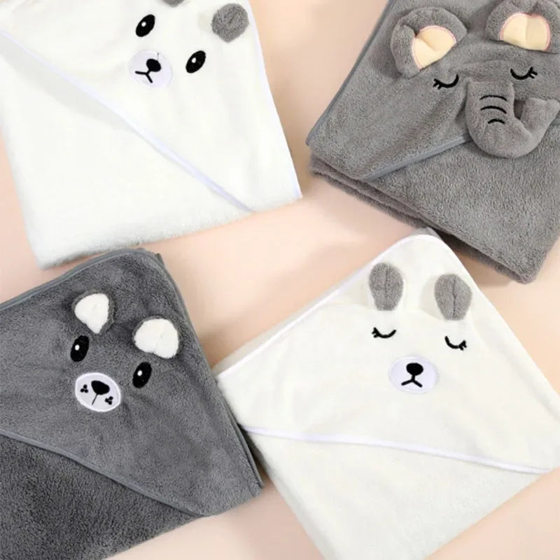 Soft babies and kids bath towels with animal hood designs in white and gray, suitable for infants