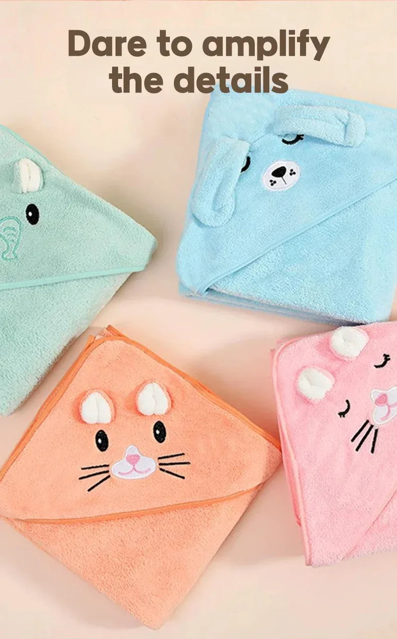 Colorful bath towels for babies and kids in blue, green, orange, and pink with animal face and ear details
