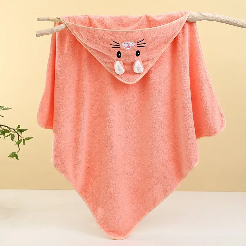 coral pink baby bath towels with hood featuring cute animal face and ears for infants