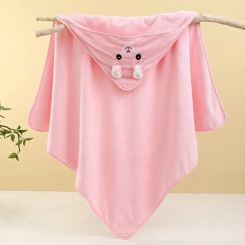 pink baby bath towel with hood and cute animal face for infants and toddlers