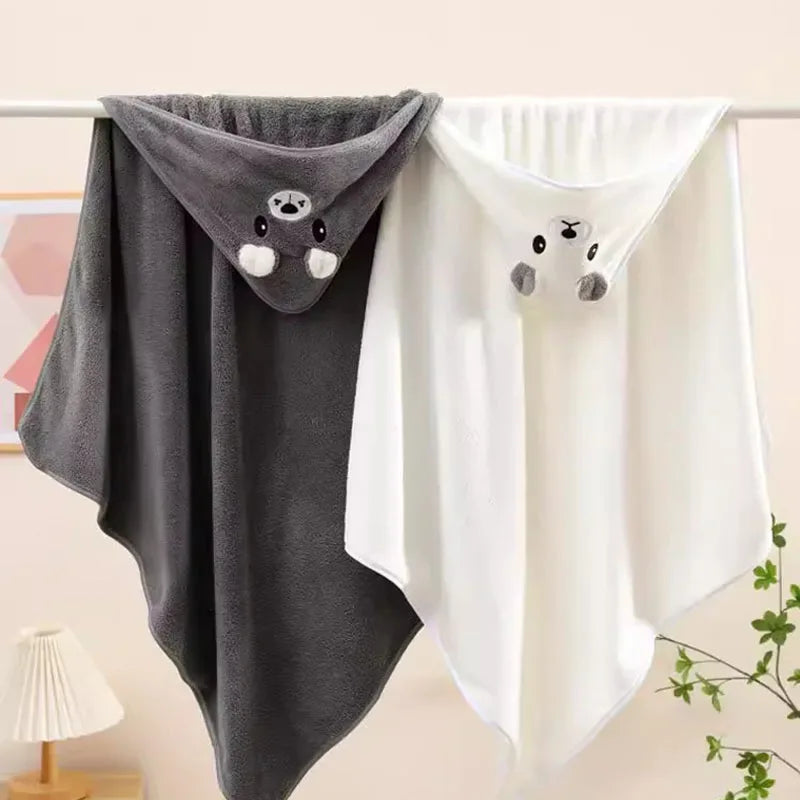 Gray and white baby hooded bath towels with animal face and ears for toddlers