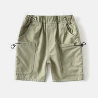 Light green toddlers boys cargo shorts with pockets laid flat showing elastic waistband and side details
