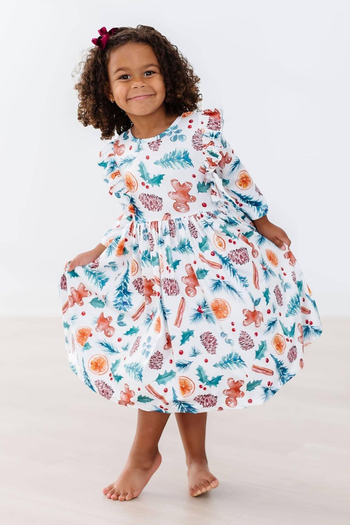 Toddler girls white kids Christmas ruffle dress with colorful holiday print and 3/4 sleeves