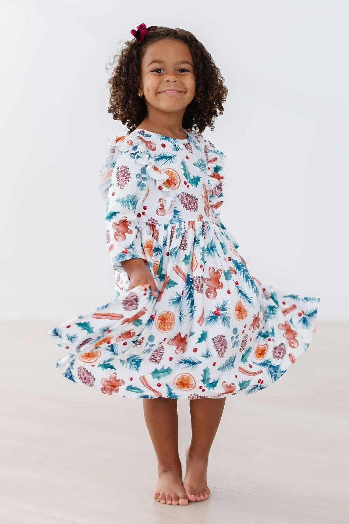 toddler girls white kids Christmas ruffle dress with colorful holiday print and 3/4 sleeves