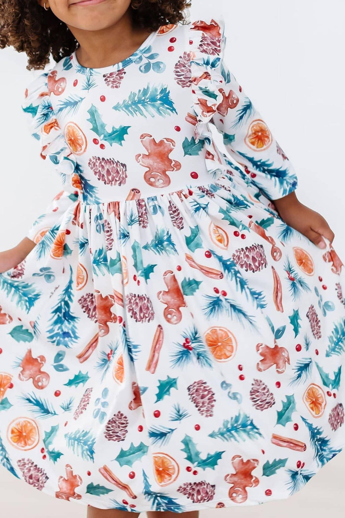 Mila & Rose kids Christmas ruffle dress with 3/4 sleeves, twirl skirt, holiday print for toddlers