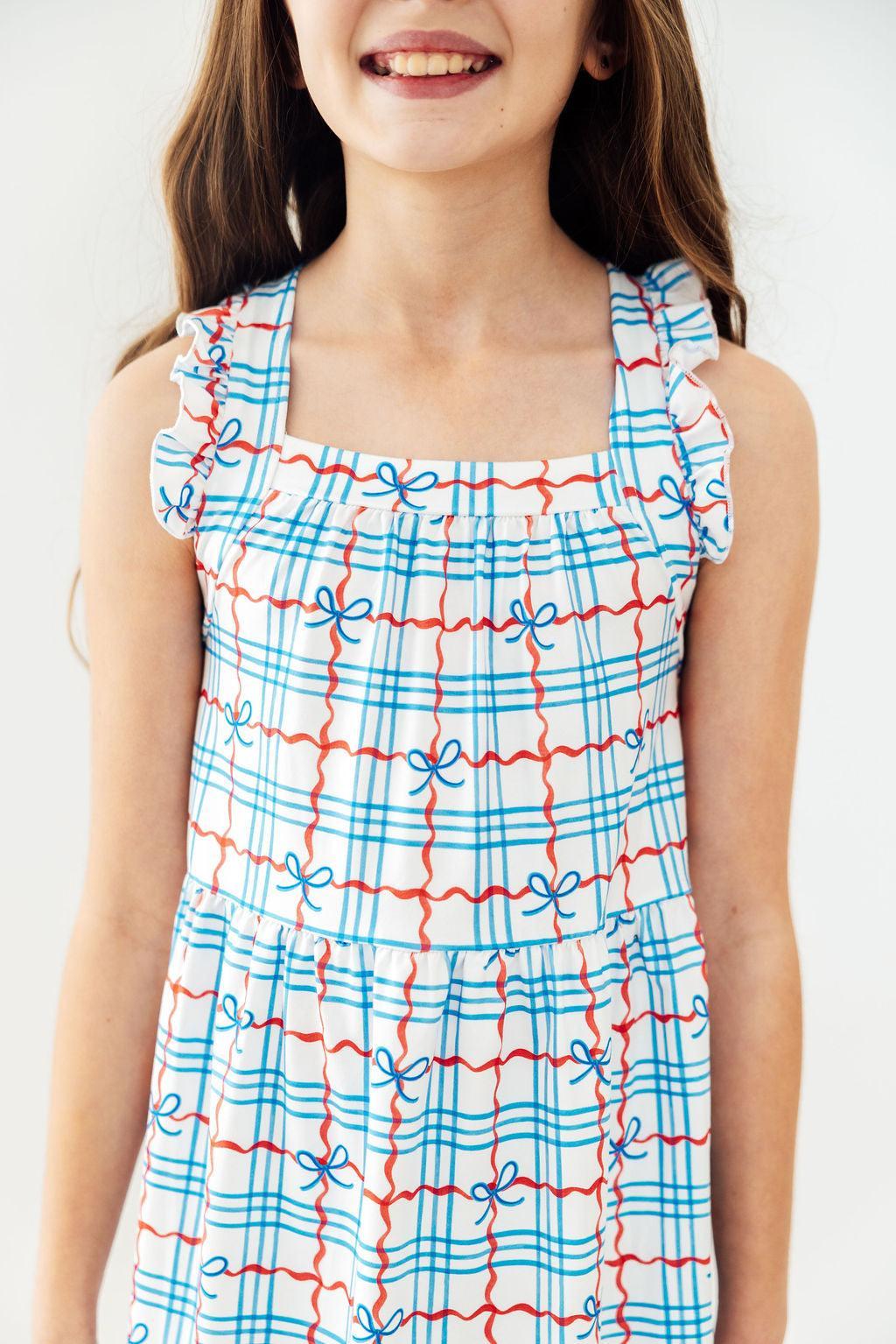 Girls white and blue plaid dress ruffle cross back dress with red accents by Mila & Rose