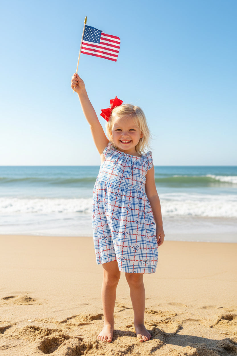 Girls blue and white plaid dress ruffle cross back dress with sleeveless design and ruffle straps