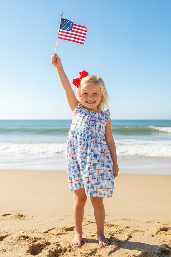 Girls blue and white plaid dress ruffle cross back dress with sleeveless design and ruffle straps