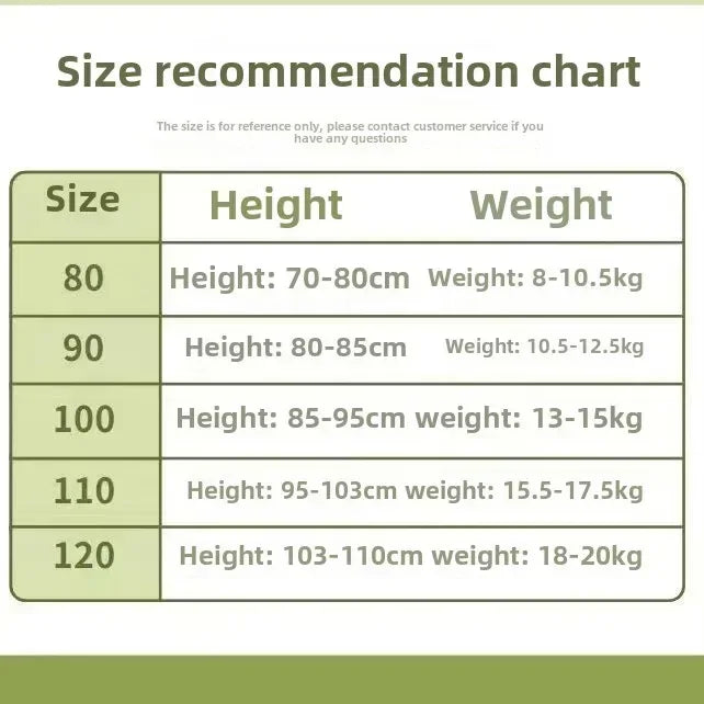 Size recommendation chart for kids khaki shorts set with height and weight guidelines for ages 80 to 120
