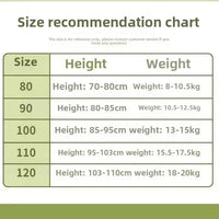 Size recommendation chart for kids khaki shorts set with height and weight guidelines for ages 80 to 120