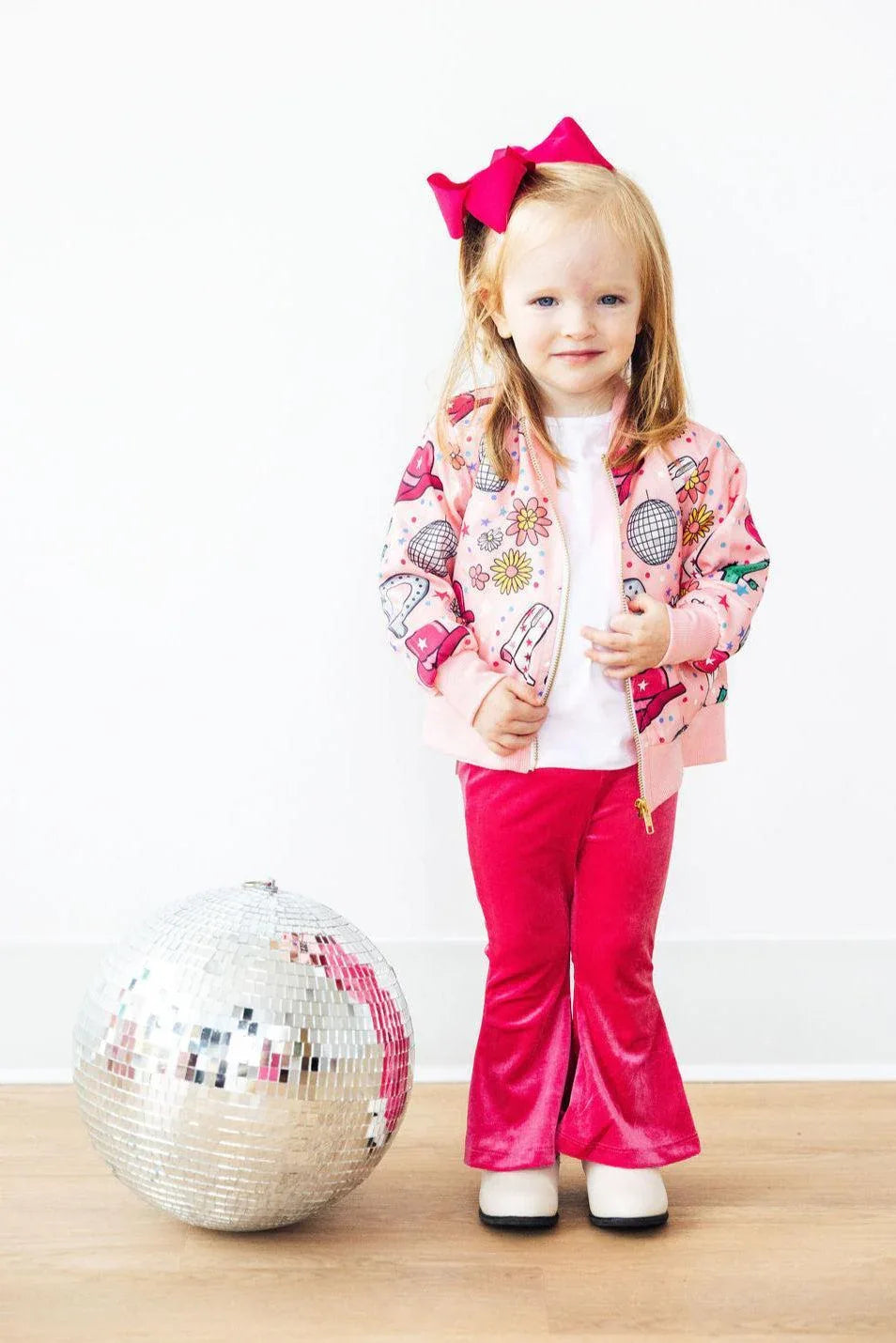 toddler girls pink satin jacket with colorful pattern and zipper closure