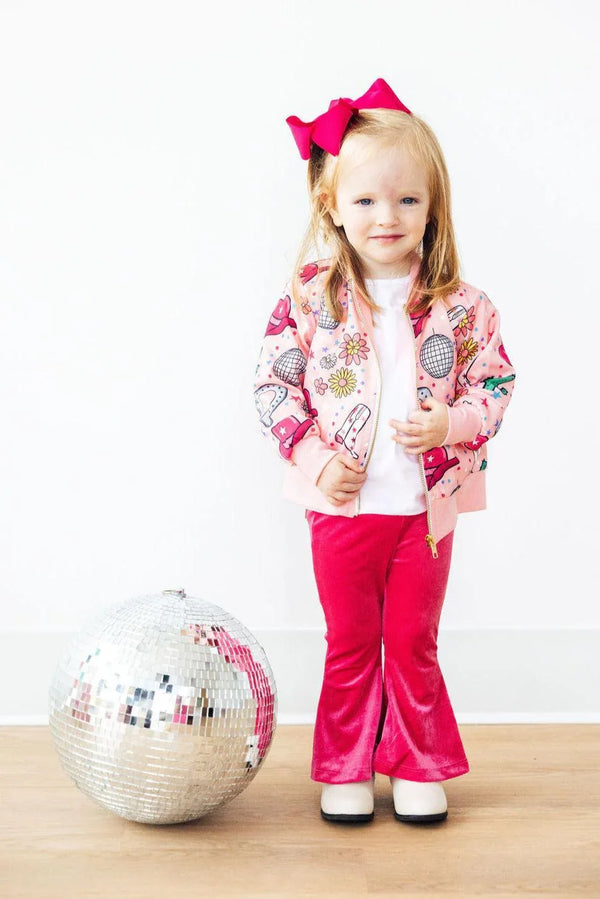 toddler girls pink satin jacket with colorful pattern and zipper closure
