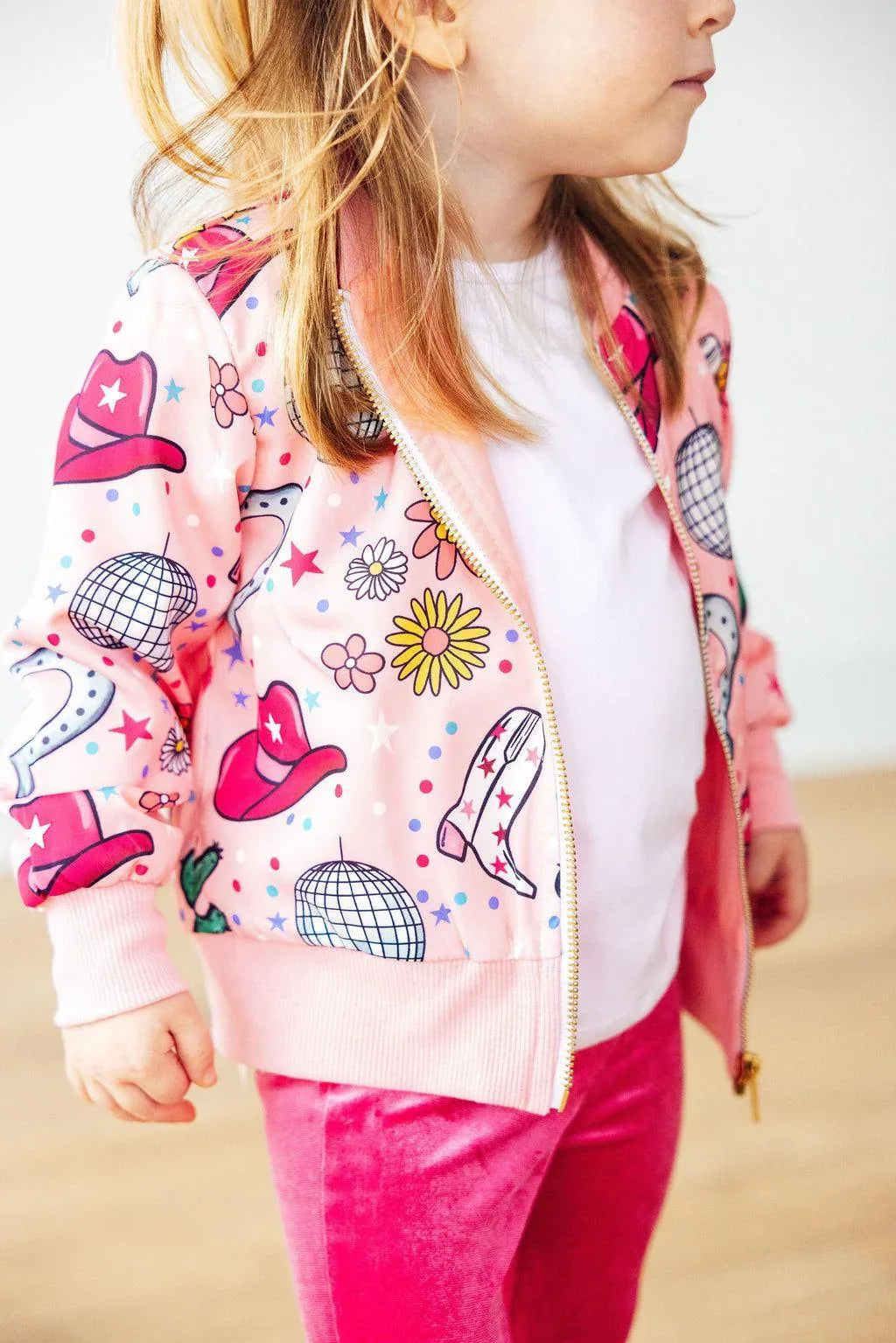 Girls pink satin jacket with colorful cowgirl hat and flower print, zip front by Mila & Rose
