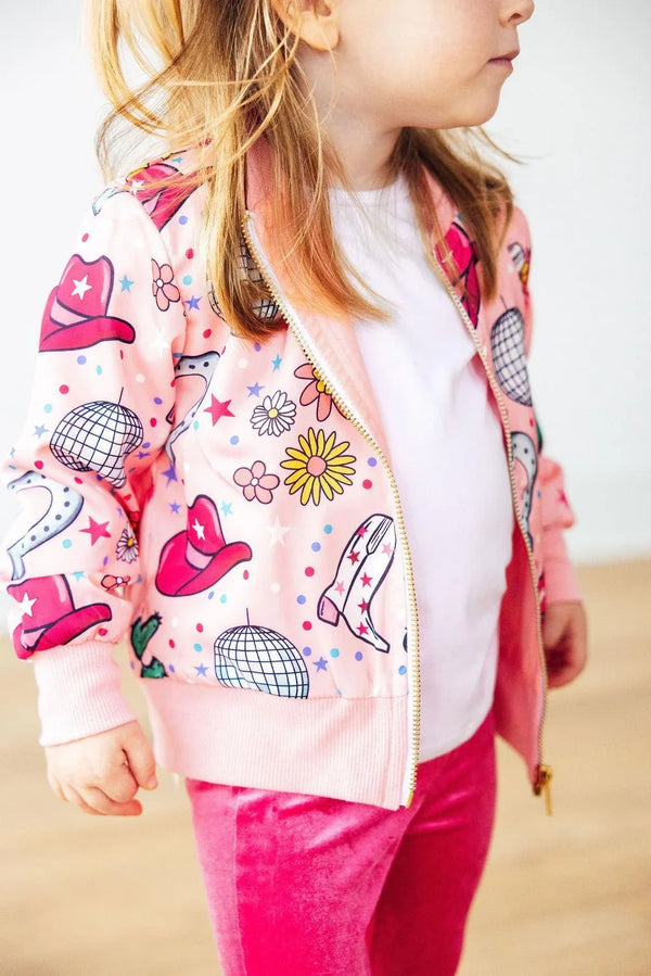 Girls pink satin jacket with colorful cowgirl hat and flower print, zip front by Mila & Rose