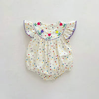 baby cream polka dot romper with colorful floral embroidery and ruffled sleeves