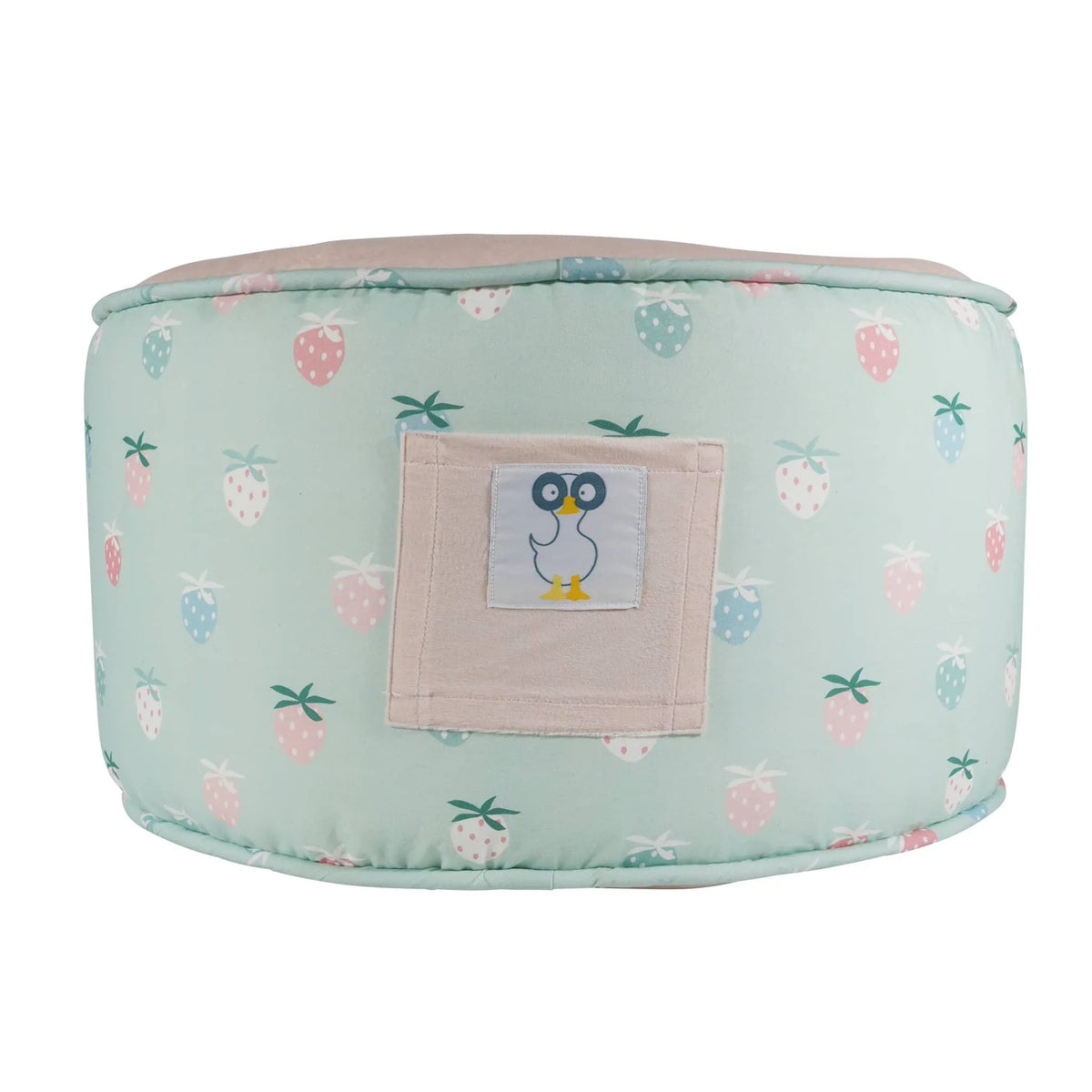 Goosewaddle pouf for kids in pastel green with strawberry print and penguin patch for toddlers