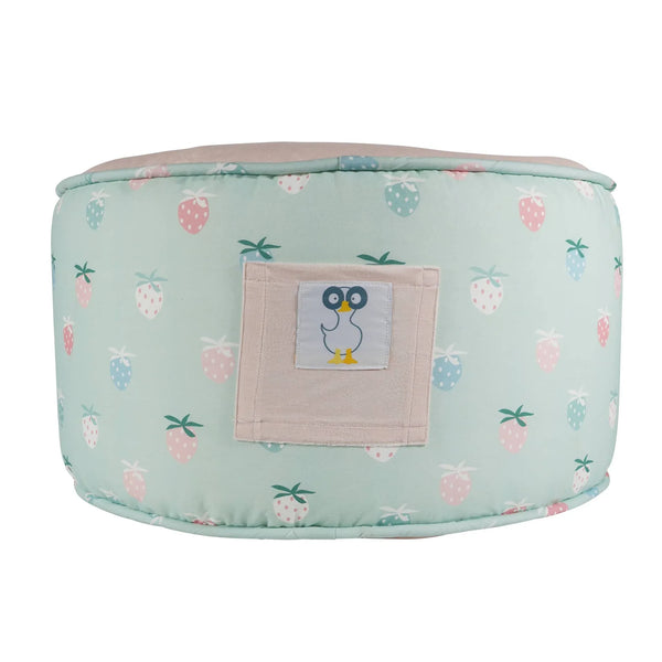 Goosewaddle pouf for kids in pastel green with strawberry print and penguin patch for toddlers