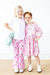 Girls pink kids ribbed velvet bell bottoms with music note print by Mila & Rose, size for children