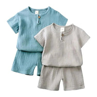 baby boys shorts set in blue and gray with short sleeves and button detail