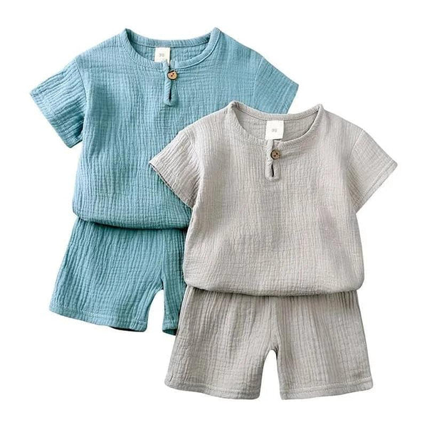 baby boys shorts set in blue and gray with short sleeves and button detail