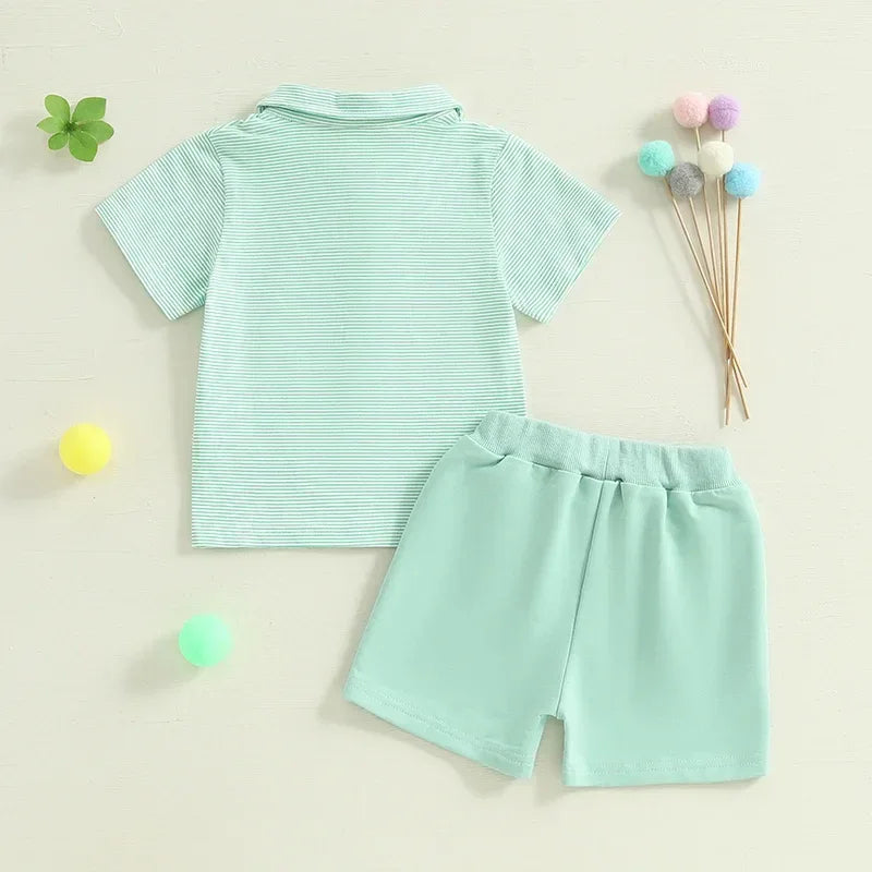 baby boys mint green shorts set with striped collared short sleeve shirt and solid elastic waist shorts