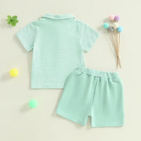 baby boys mint green shorts set with striped collared short sleeve shirt and solid elastic waist shorts