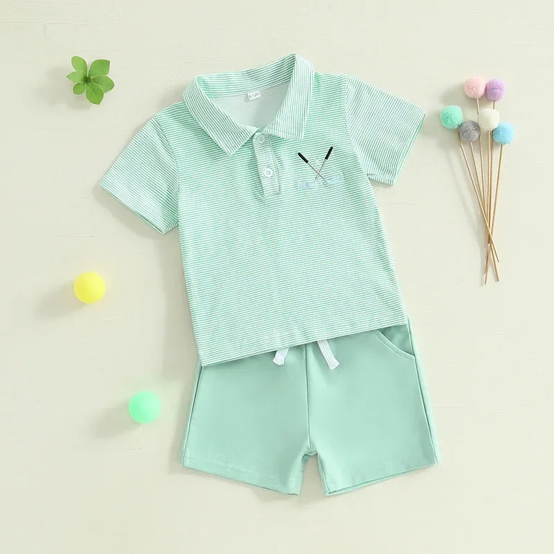 toddler boys mint green shorts set with striped polo shirt and solid shorts size 2T